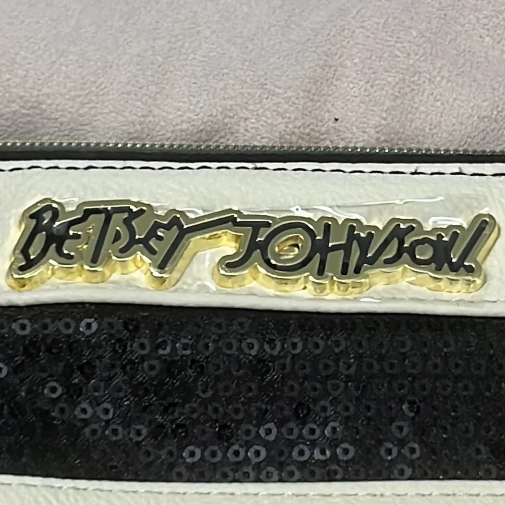 Betsy Johnson black and white striped sequined purse pink strap NWOT